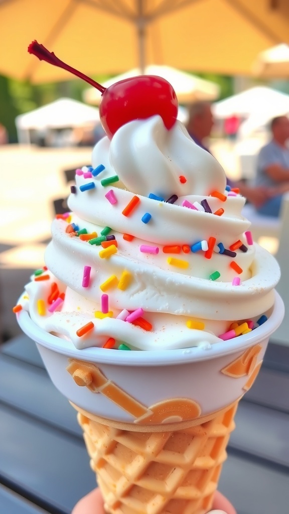 A bowl of vanilla ice cream with sprinkles and a cherry, served in a waffle cone.